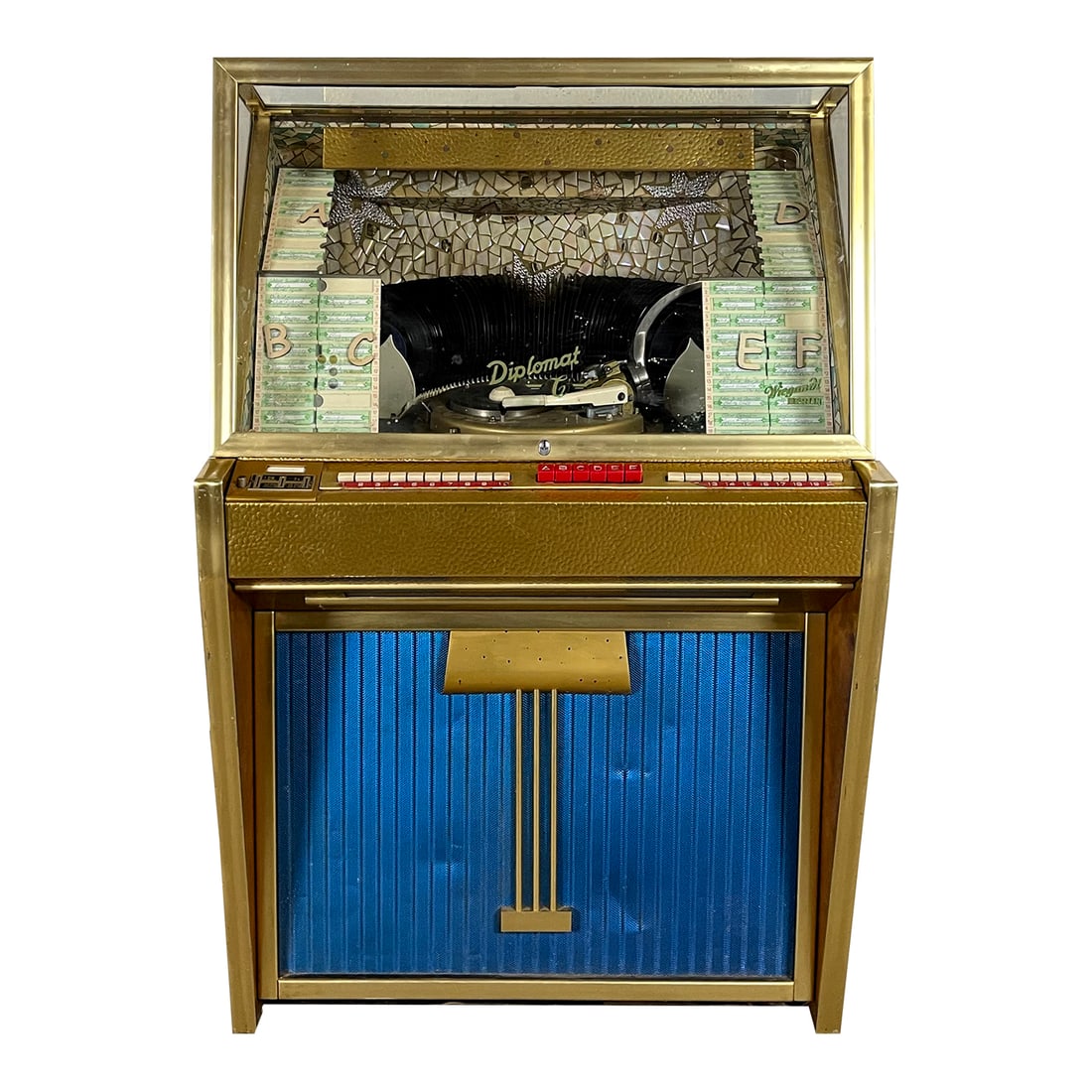 1958-1959 Wiegandt Diplomat C Jukebox: 1958-1959 Wiegandt Diplomat C Jukebox. 120 selection jukebox playing 45 RPM records. It comes with 60 records. In a good original visual condition. Currently not in a playing condition and doesn't lig