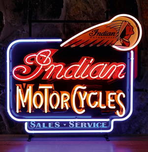 Indian Motorcycles Neon Sign with Backplate: Indian Motorcycles neon sign with a colorful printed backplate. Looks great both turned on and off. Metal frame with glass tubes. Requires 220V power. Dimensions (H x W x D): 70 x 65 x 15 cm.