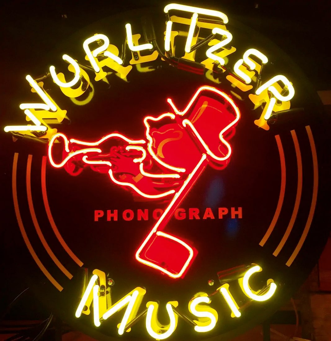 Wurlitzer Music Johnny One Note Logo Neon Sign with Backplate (1 of 1)