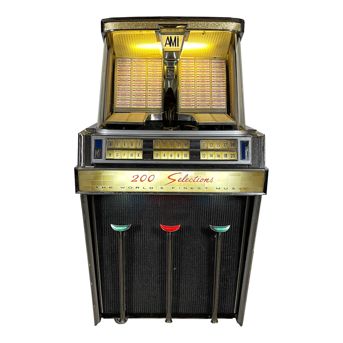 1960 AMI JJK-200 Jukebox: 1960 AMI JJK-200 Jukebox. 200 selection jukebox playing 45 RPM records. It comes with 100 records. The jukebox appears to be fully original. Some pitting on the chrome plated parts, but overall good v