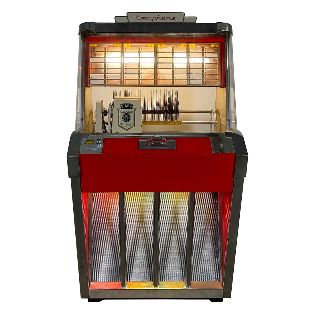 1958-1959 Marchant Emaphone 112 Jukebox: 1958-1959 Marchant Emaphone 112 Jukebox. 112 selection jukebox playing 45 RPM records. It comes with 28 records. The jukebox isn't fully original it comes with a NSM speaker instead of the original on