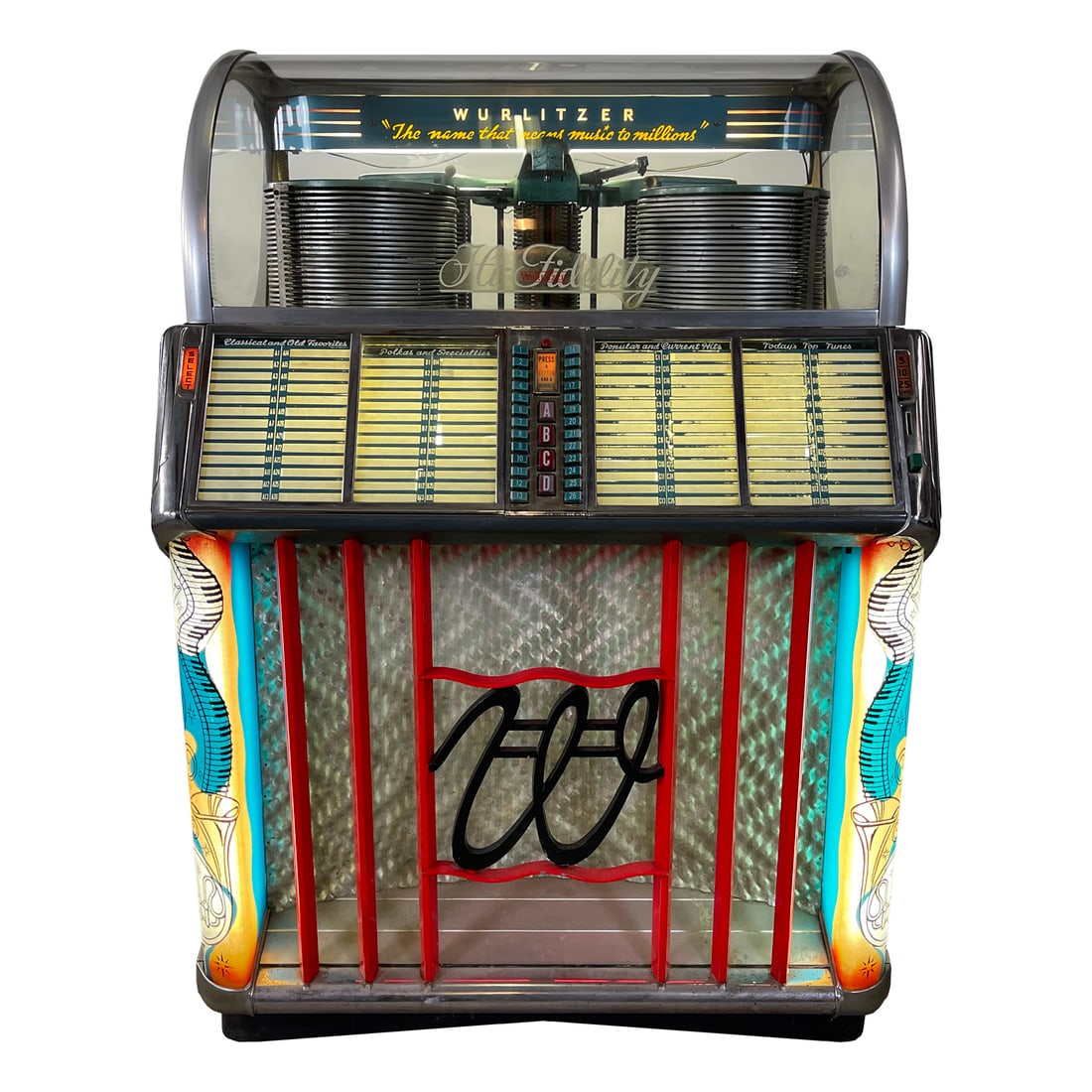 1953 Wurlitzer 1500A Jukebox: 1953 Wurlitzer 1500A Jukebox. 40 selection jukebox playing 45 & 78 RPM records. It comes with 1 record. The jukebox appears to be fully original. In good overall visual condition but the sides of the