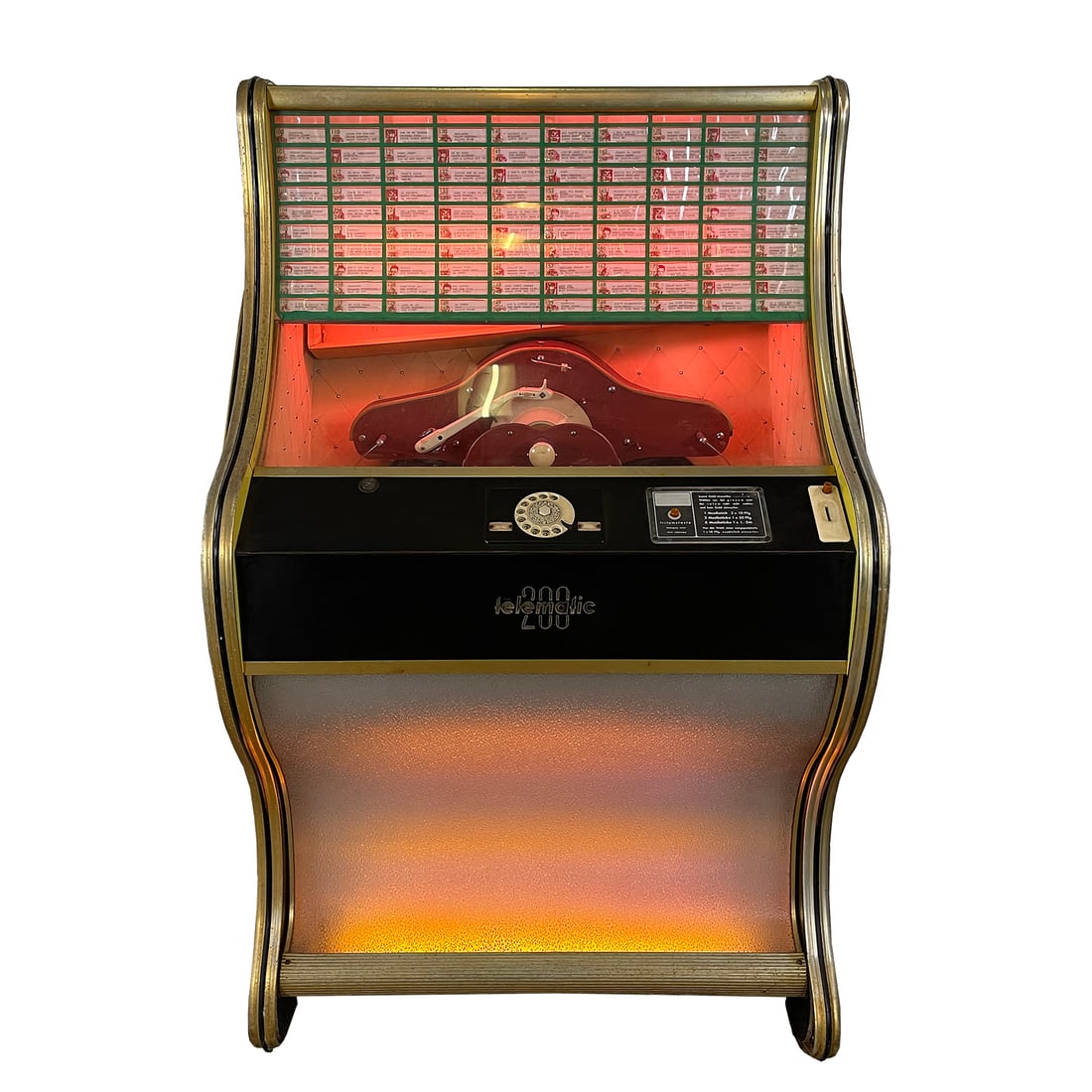 1957 Tonomat Telematic 200 Jukebox: 1957 Tonomat Telematic 200 Jukebox. 200 selection jukebox playing 45 RPM records. It comes with 100 records. The jukebox appears to be fully original. Overall good original visual condition. All the l