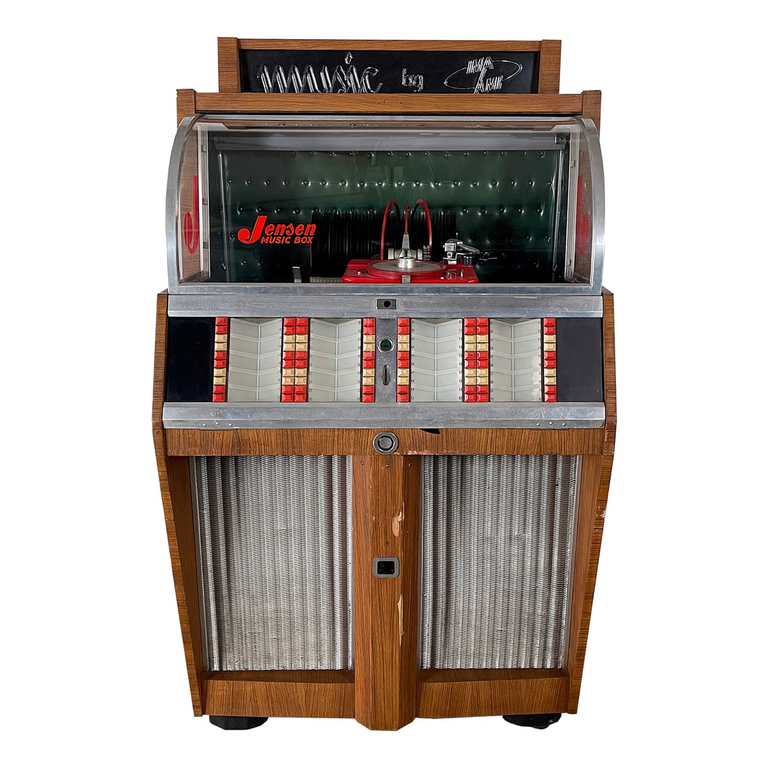 1955 IMA-AMI Jensen J80 Jukebox: 1955 IMA-AMI Jensen J80 Jukebox. 80 selection jukebox playing 45 RPM records. It comes with 40 records. The jukebox appears to be fully original. Ovarall in a fair visual condition. All the lights on