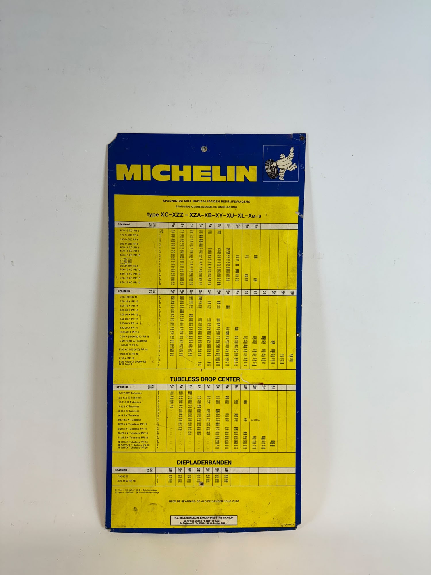 Michelin Tire Pressure Service Chart Printed on Plastic: Michelin tire pressure service chart printed on plastic. Overall fair condition, broken corners, holes from previous mounting, shows wear. Dimensions (H x W x D): 71 x 35 x 1 cm. Condition: Fair. Loca