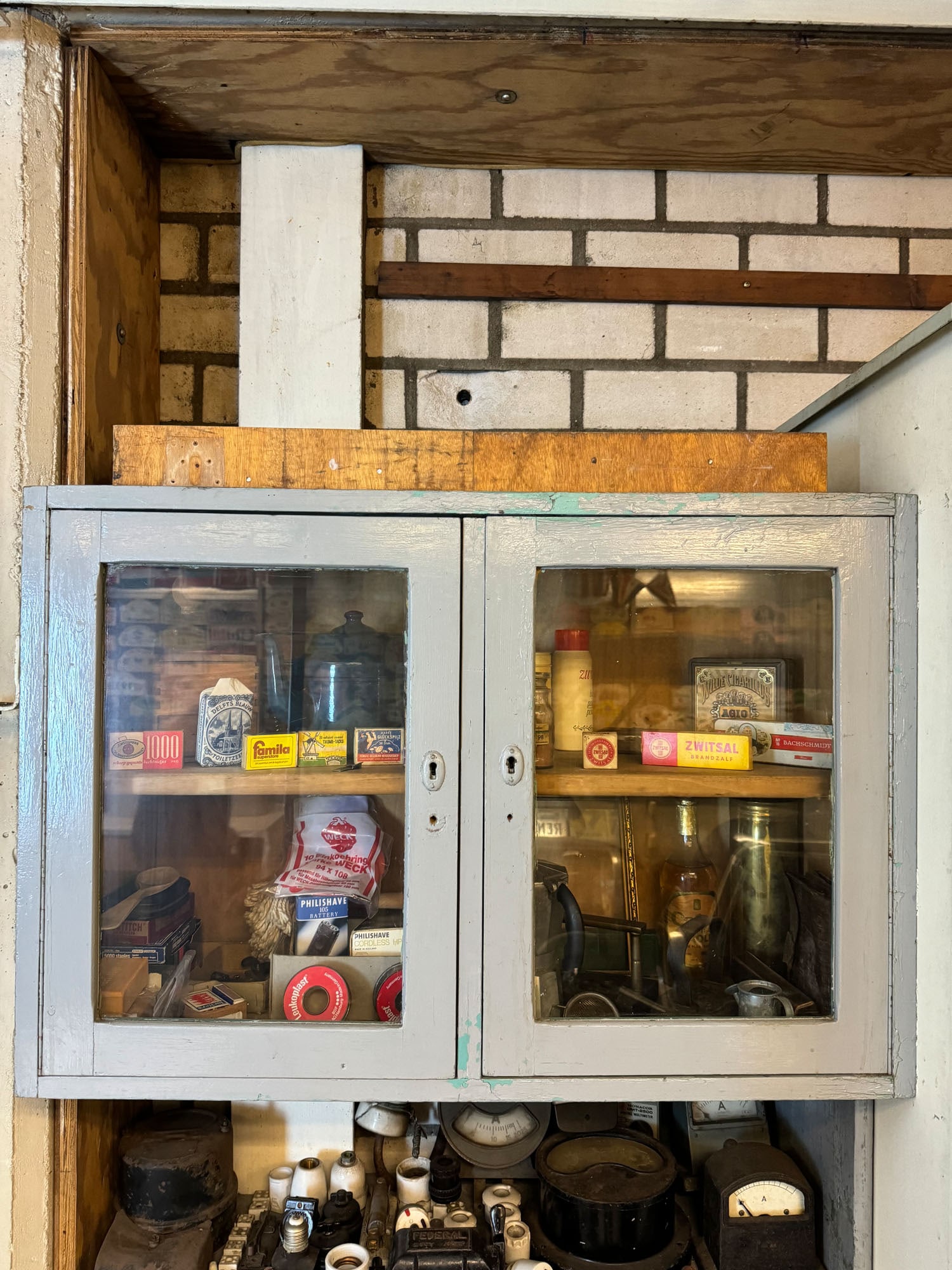 Wood and Glass Display Case with Vintage Household Items & Packaging (1 of 8)