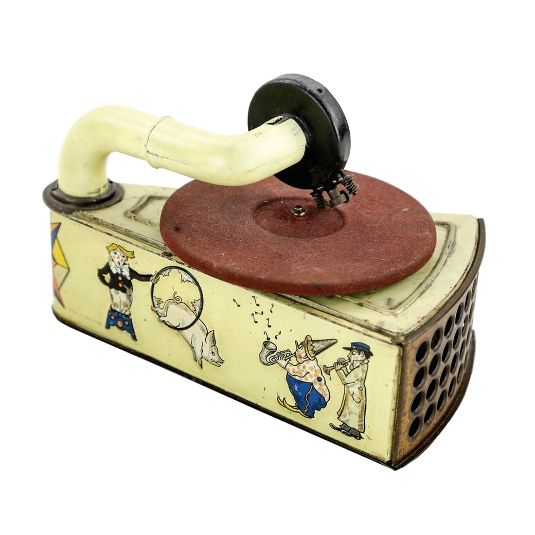 Gundka Toy Gramophone with Circus Theme Lithographs: Gundka toy gramophone with embossed lithographs in circus theme. In working condition with winding key included. Dimensions (H x W x D): 14 x 13 x 20 cm. Condition: Good. Location: The Netherlands, Ti