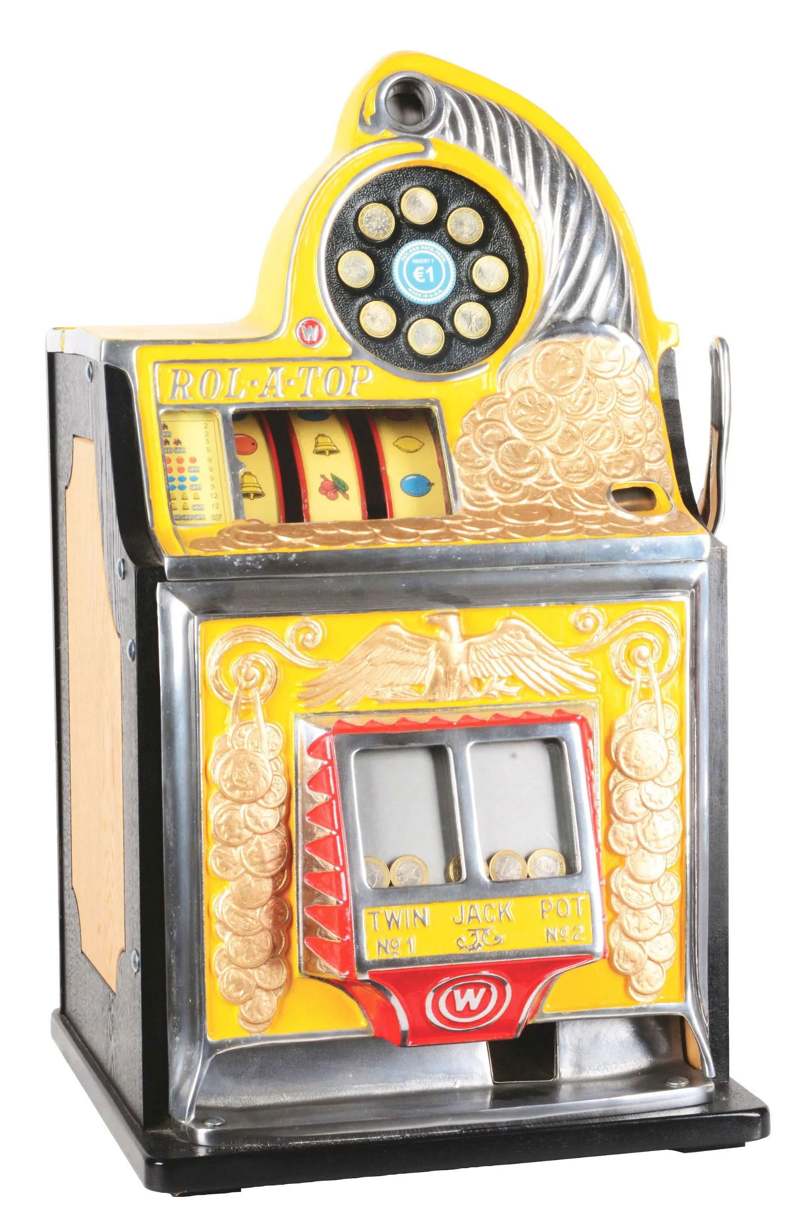 Royal Bell Aristocrat Roll-A-Top Conversion Slot Machine: A Royal Bell conversion of an Aristocrat machine and not an original Watling Roll-A-Top. This particular model displays 1 Euro coins where the original roll-a-top would be with the instruction to "Ins