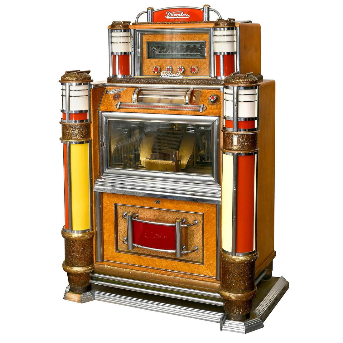Goliath Radio-Discophone Jukebox, 1948-56: Goliath Radio-Discophone Jukebox, 1948-56. Pierre Eich & Bartholemus Cie., Belgium. For 78-rpm shellac records, 48 selections, pneumatic control, a similar system to pipe organs, coin-slot, headboard