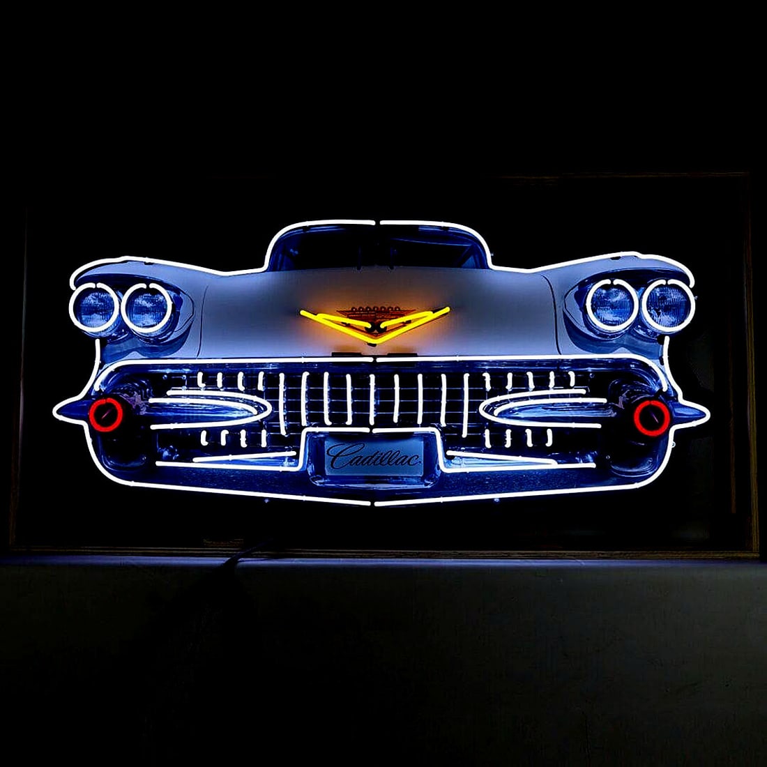 Large Cadillac Car Front Design Neon Sign with Printed Back Plate: Large Cadillac Car Front Design real glass neon sign with printed back plate that makes the sign look good even when powered off. Uses 220V power with an EU plug. Dimensions (H x W x D): 152 x 69 x 15