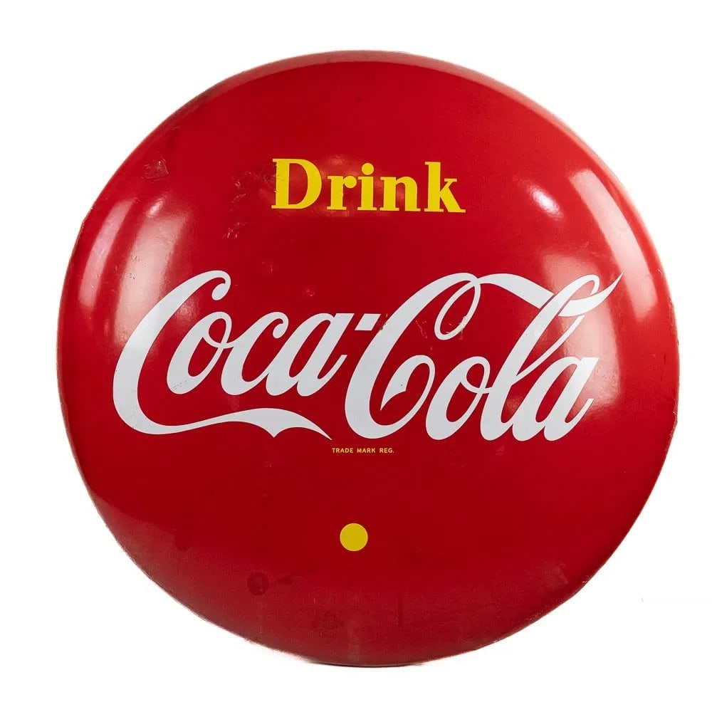 1955 Canadian 48" Coca-Cola Large Porcelain Button: Hard to find 1955 48" Canadian Drink Coca-Cola convex single sided porcelain button advertising sign. Several cosmetic blemishes notes such as faint discoloration, scuffs, scratches & chips are noted.