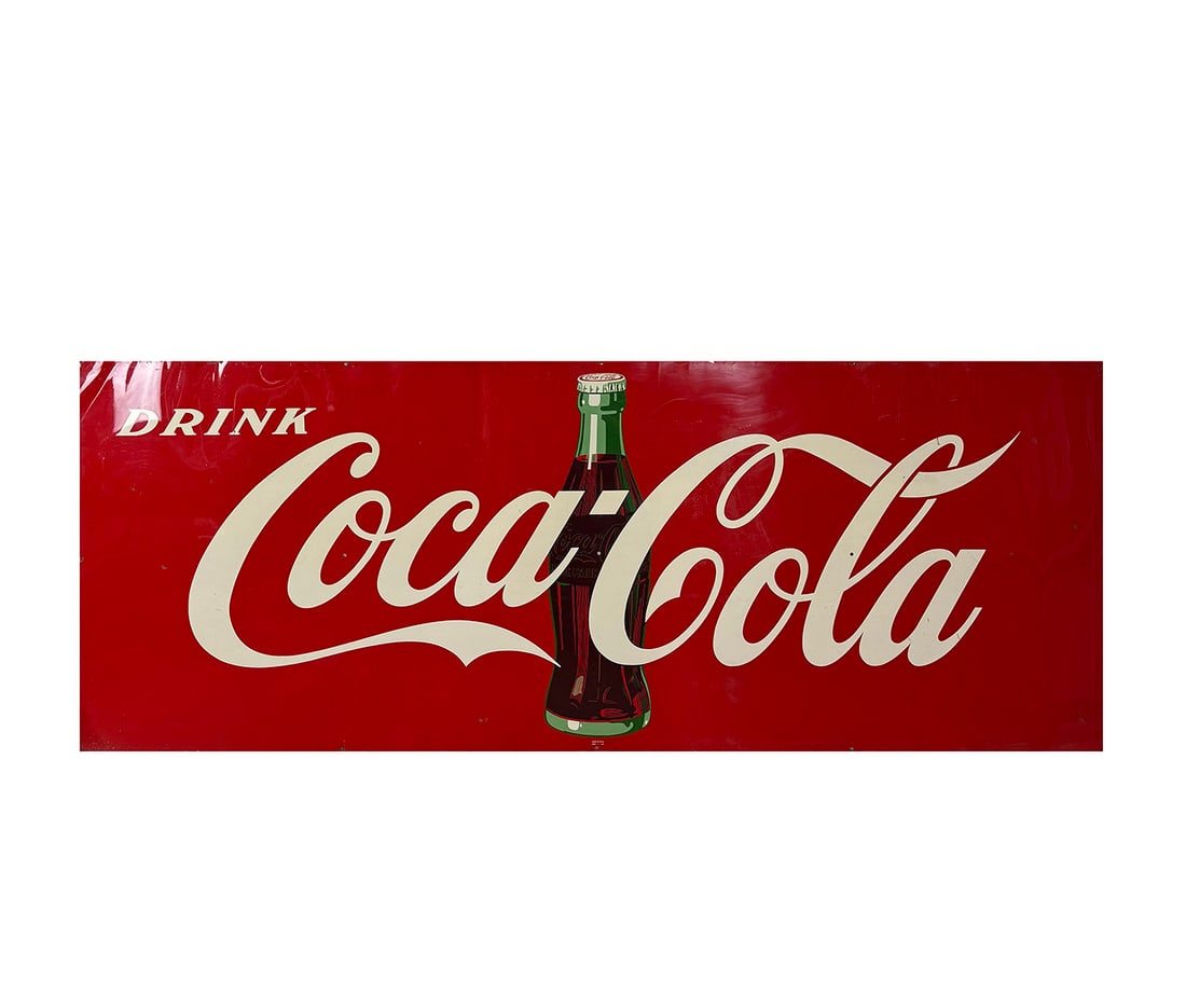 Large Original Made in USA Coca-Cole Metal Advertising Sign: Large Original Made in USA Coca-Cole Metal Advertising Sign. AAW 1-'53. Shows some wear, scratches. Dimensions (H x W x D): 112 x 295 x 5 cm. Location: The Netherlands.