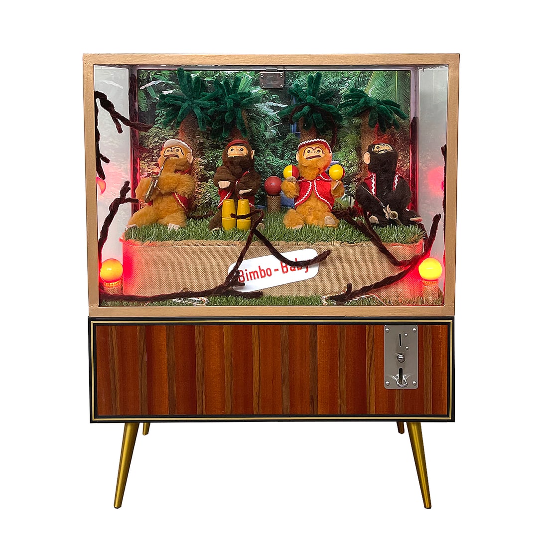 Bimbo-Baby Box with Original Monkeys from 60's: Bimbo Baby Box with original monkeys from the 1960's, the cabinet was later remade. Everything works well with 1 euro coins. Dimensions (H x W x D): 90 x 70 x 36 cm. Condition: Excellent. Location: Th
