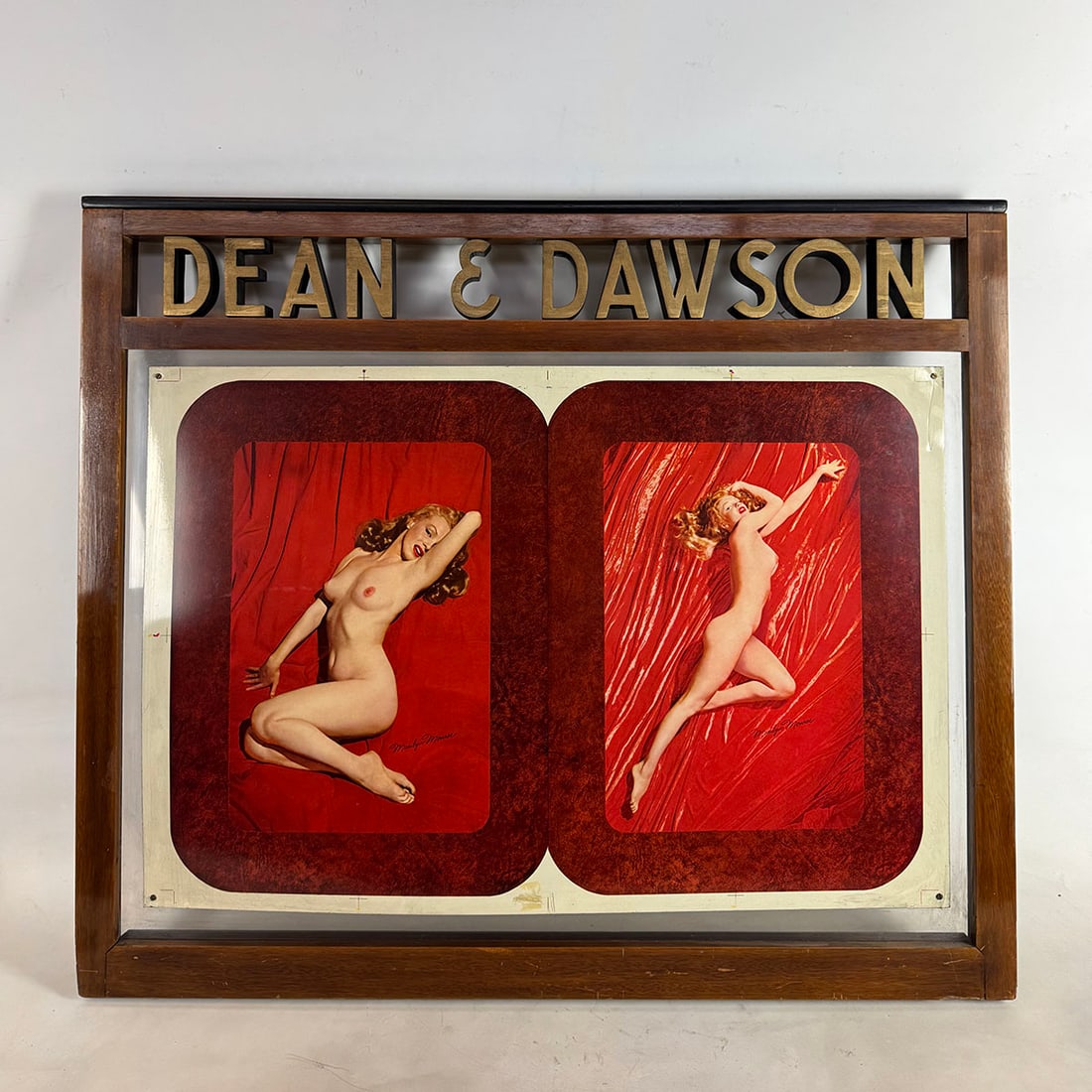Vintage Dean & Dawson Travel Agency Frame with Nude Marilyn Monroe Uncut Photo Prints: Vintage wooden Dean & Dawson travel agency frame with nude Marilyn Monroe uncut photo prints. Good overall condition showing some wear and scrapes. Dimensions (H x W x D): 76 x 88 x 4.5 cm. Condition:
