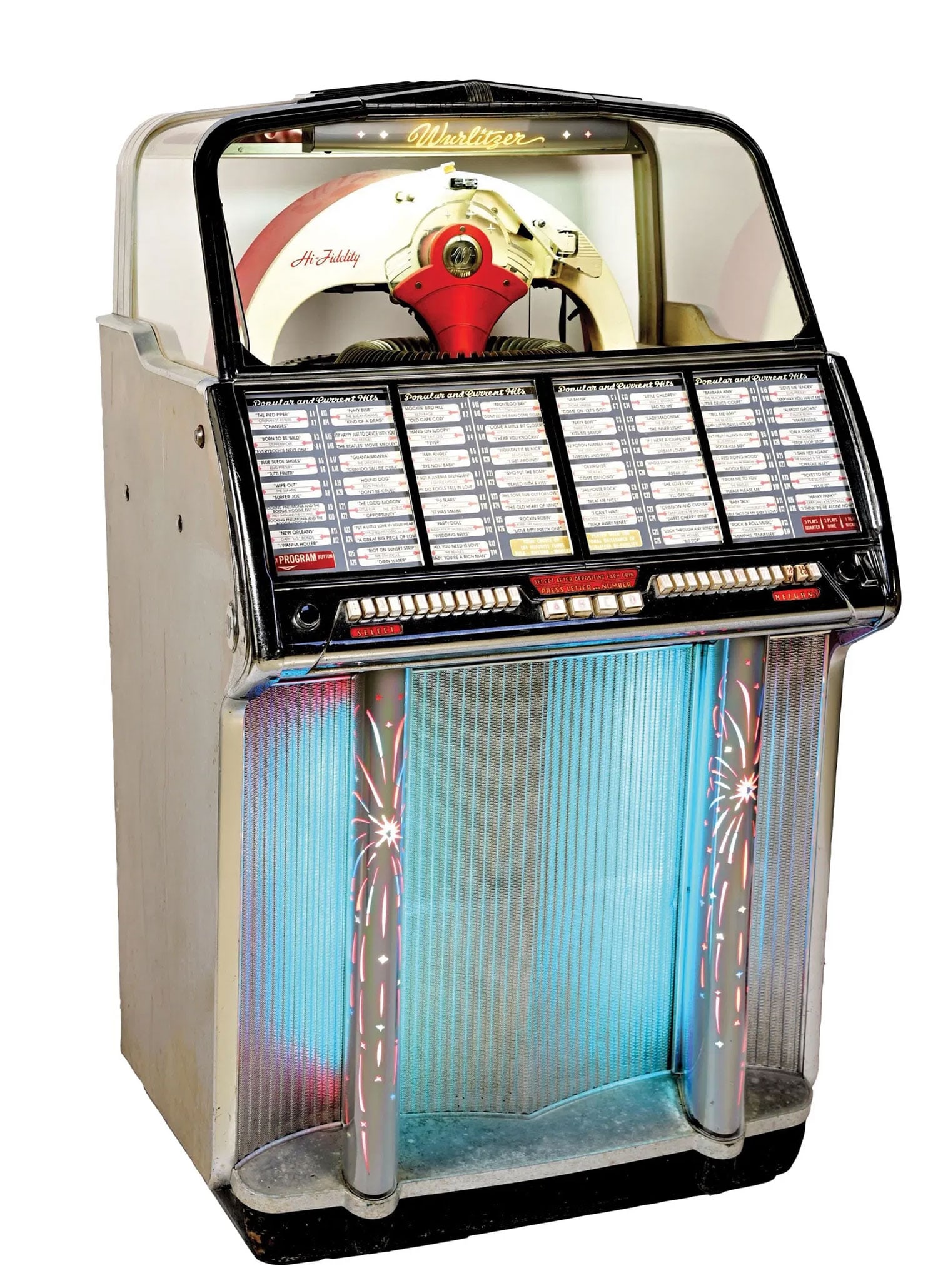 1955 Wurlitzer Model 1800 Dawn Mist Jukebox: 1955 Wurlitzer Model 1800 Dawn Mist jukebox. 104 selections of 45 RPM records. Visual condition: in a good visual condition, showing signs of older restoration, some wear to the case, wear and pitting