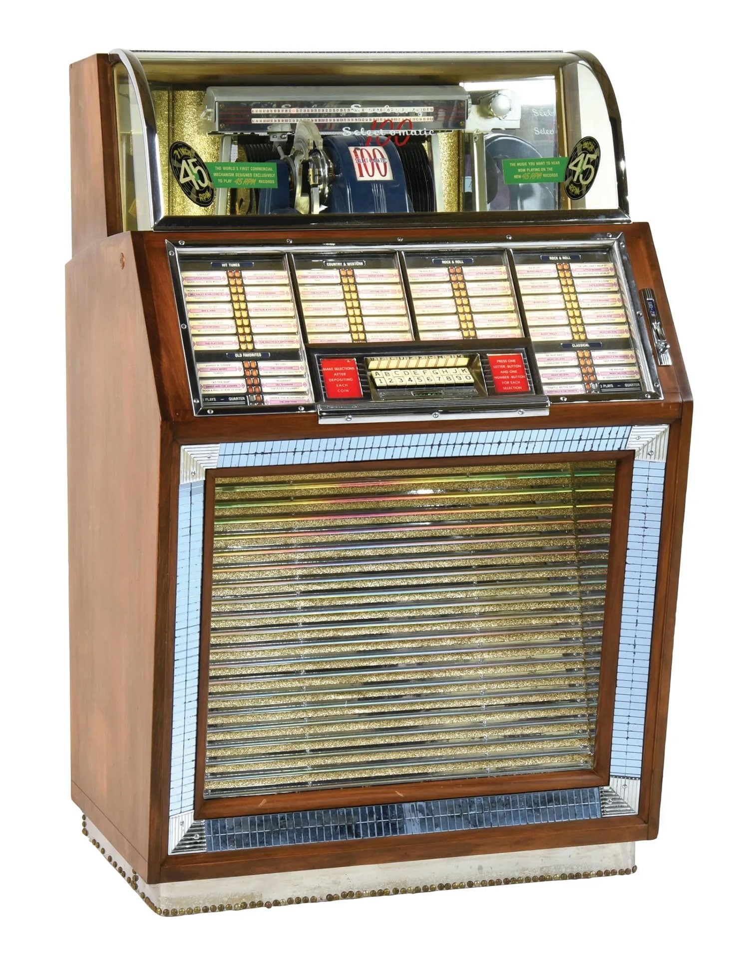 1951 Seeburg Model M100B Jukebox: 1951 Seeburg Model M100B jukebox. 100 selections of 45 RPM records. Visual condition: in a very good restored visual condition. A new wood grain veneer has been applied. The glass dome is in excellent