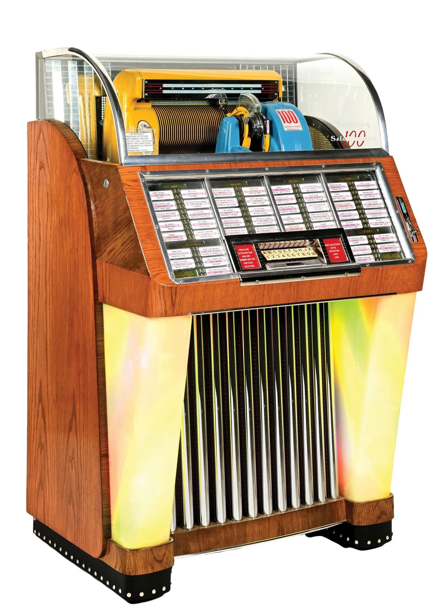 1952 Seeburg Model M100C Jukebox: 1952 Seeburg Model M100C jukebox. 100 selections of 45 RPM records. Visual condition: in a very good fully restored visual condition, showing a little wear from use. Technical condition: playing condi