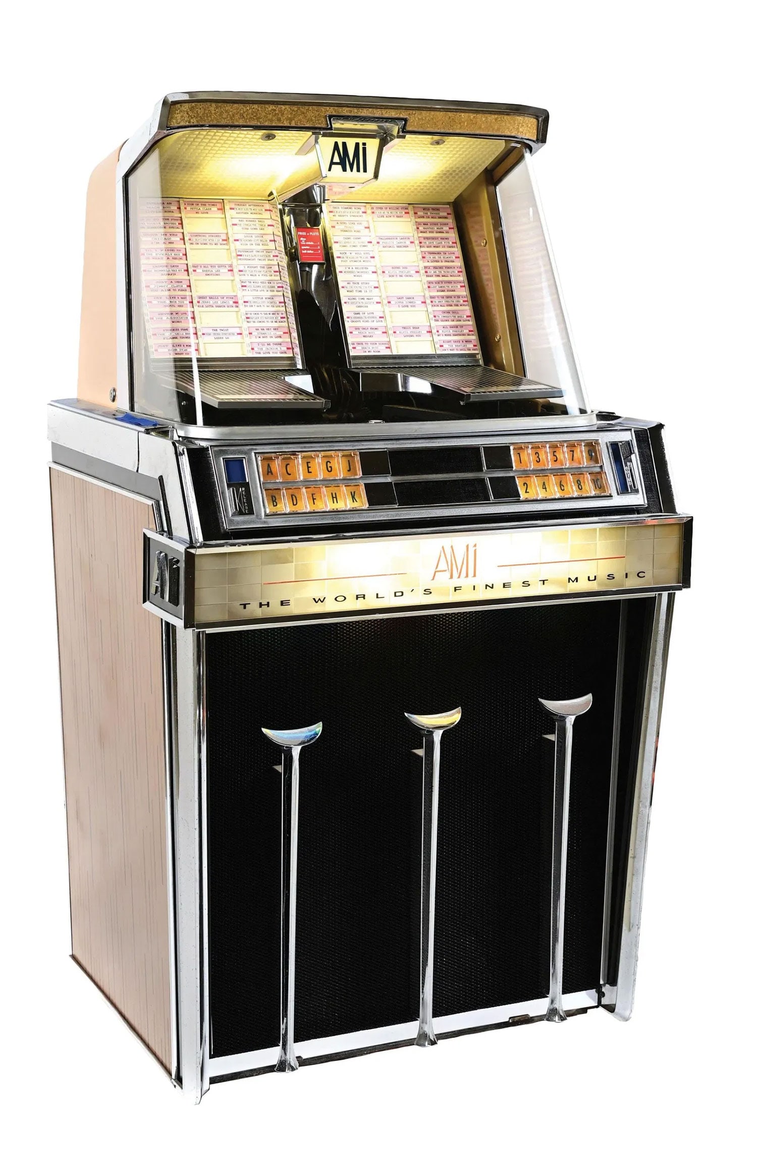 1960 AMI Model JLK-100 100 Selection Jukebox: 1960 AMI Model JLK-100 jukebox with automatic selection system and mono sound. 100 selections of 45 RPM records. Visual condition: in a very good visual condition, showing a little wear. Technical con