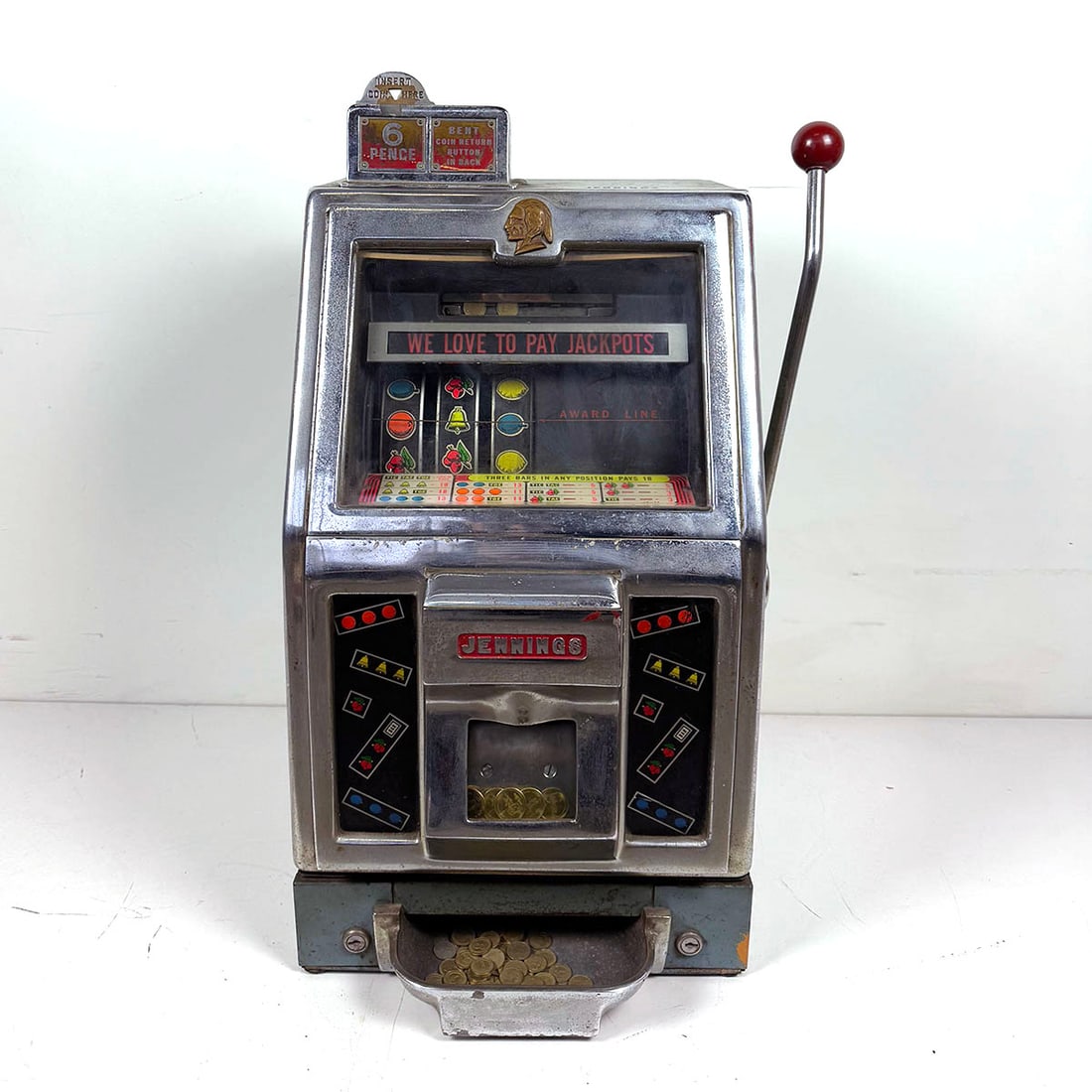 1967 O. D. Jennings & Co. Galaxy Mechanical Jackpot Slot Machine: 1967 O. D. Jennings & Co. Galaxy Mechanical Jackpot slot machine. Metal case with a glass window. Good visual condition, the metal case shows wear and some paint loss, chrome plating shows wear and pi
