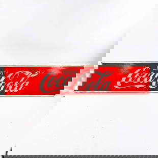 Large Vintage Coca-Cola Metal Advertising Sign: Large vintage Coca-Cola metal advertising sign. Good overall condition with light wear noted on the graphics, hanging holes, small bends and light discoloration noted along the edges. Dimensions (H x
