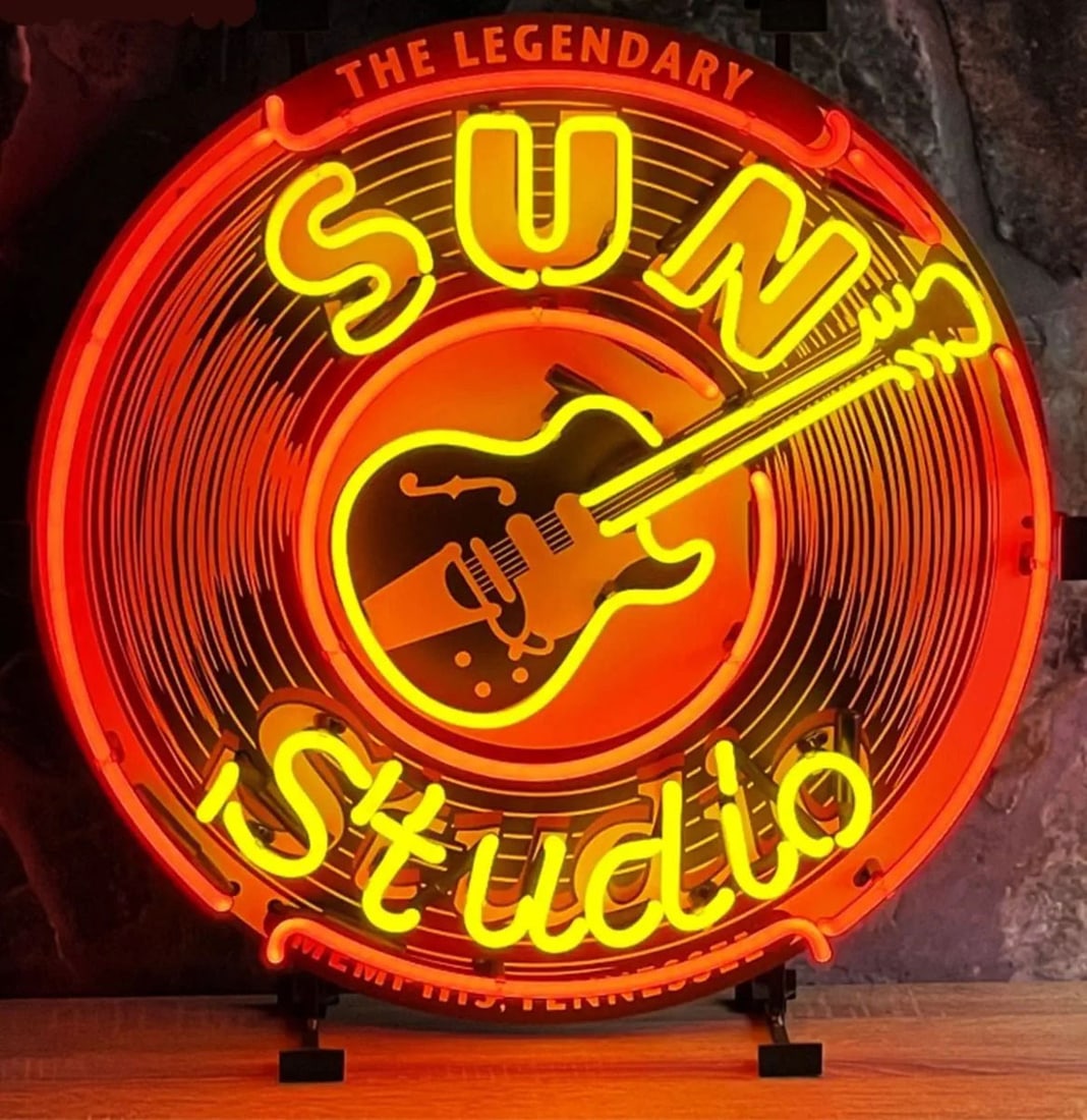 Sun Studio Logo Neon Sign with Printed Back Plate: Sun Studio logo real glass tube neon sign with printed back plate and metal frame. The colorful printed back plate ensures that the neon sign looks great whether it's powered on or off. It is in very