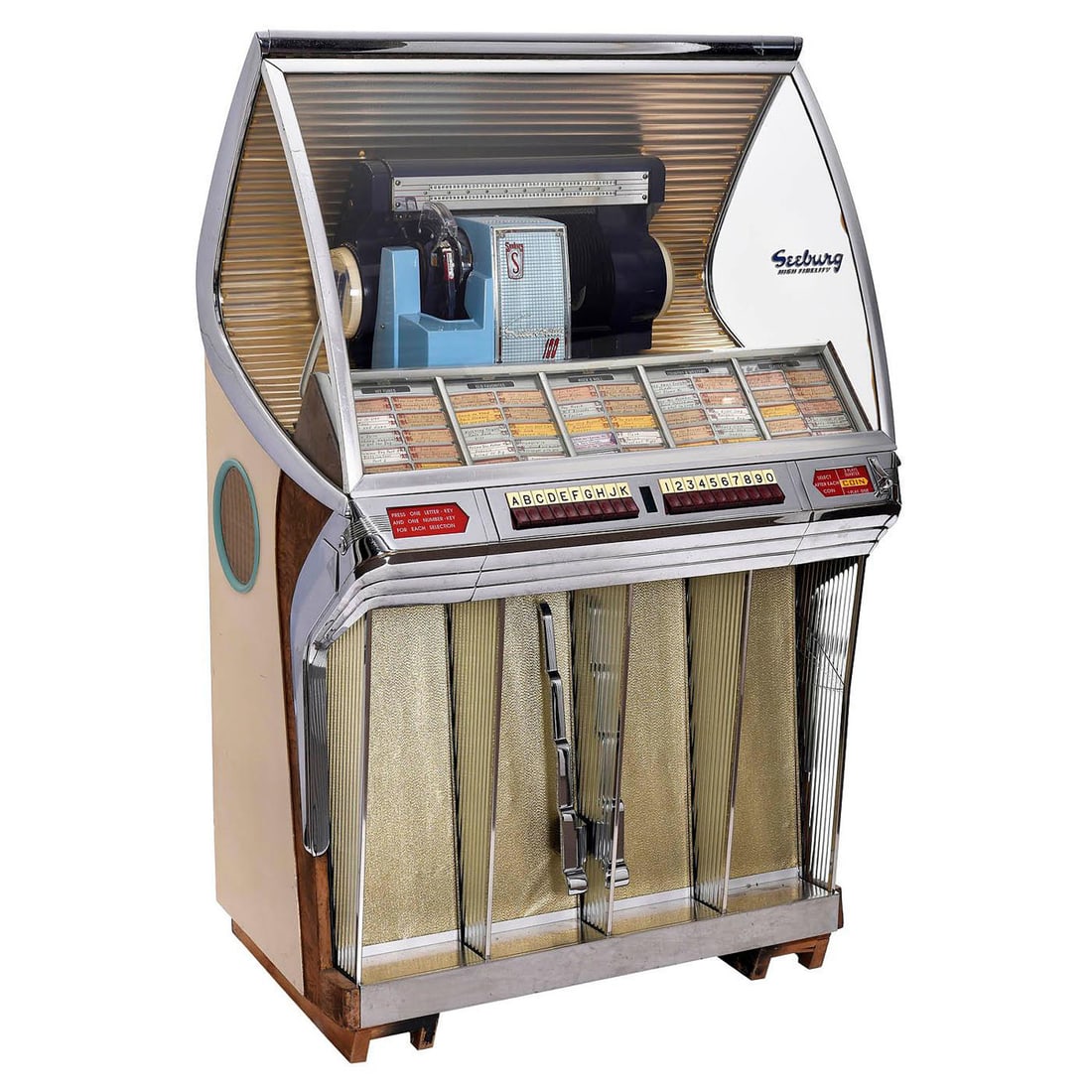 1954 Seeburg Model HF-100R-D Jukebox: 1954 Seeburg Model HF-100R-D jukebox. Model type: EHF100R-590. 100 selections of 45 RPM records. Visual condition: in a good visual condition. Missing 4 of the metallic grille decorations and bottom f