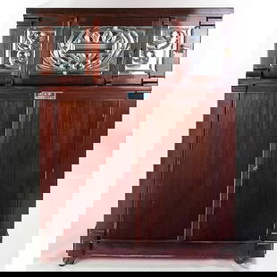 Fox Music Co. PIANOTAINER Nickelodeon ca. 1920s: Fox Music Company PIANOTAINER Nickelodeon Piano. Mahogany cabinet with original mirrored leaded glass front panels. Manufactured by Fox Music Company Kansas City MO. Built in the early 1920s. Plays "A