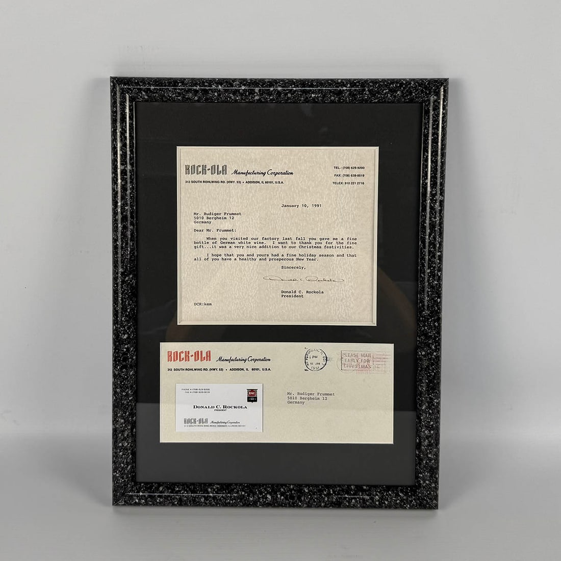 Framed 1991 Letter from Rock-Ola President Donald C. Rockola to Mr. Rudiger Frummet (1 of 4)