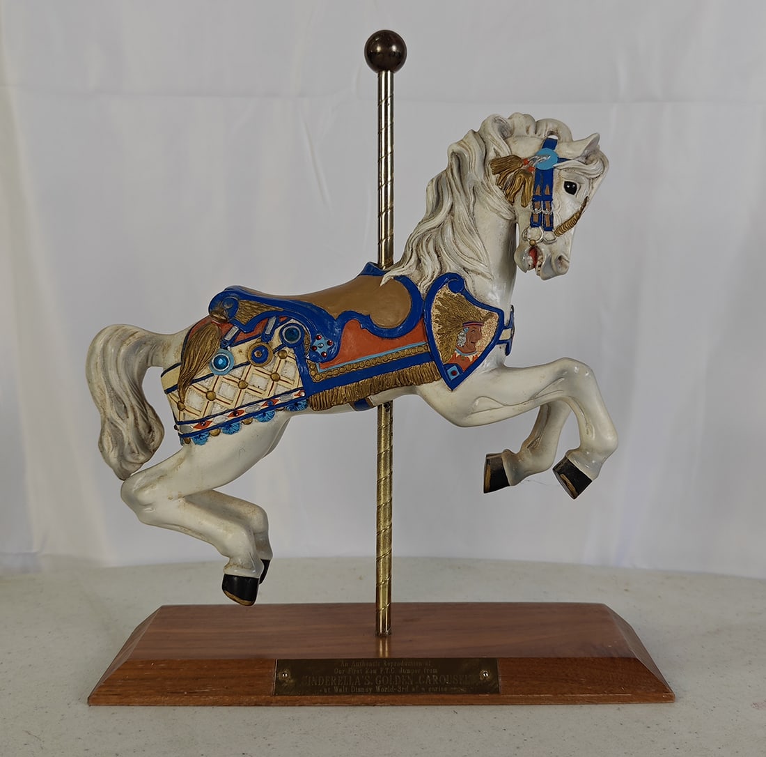 Carousel Collectible P.T.C. Jumper from Cinderella's Golden Carousel at Walt Disney World: Carousel collectible P.T.C. jumper from "Cinderella's Golden Carousel" at Walt Disney World. Good visual condition, missing a few of the plastic jewels, needs some clean-up. Dimensions (H x W x D): 38