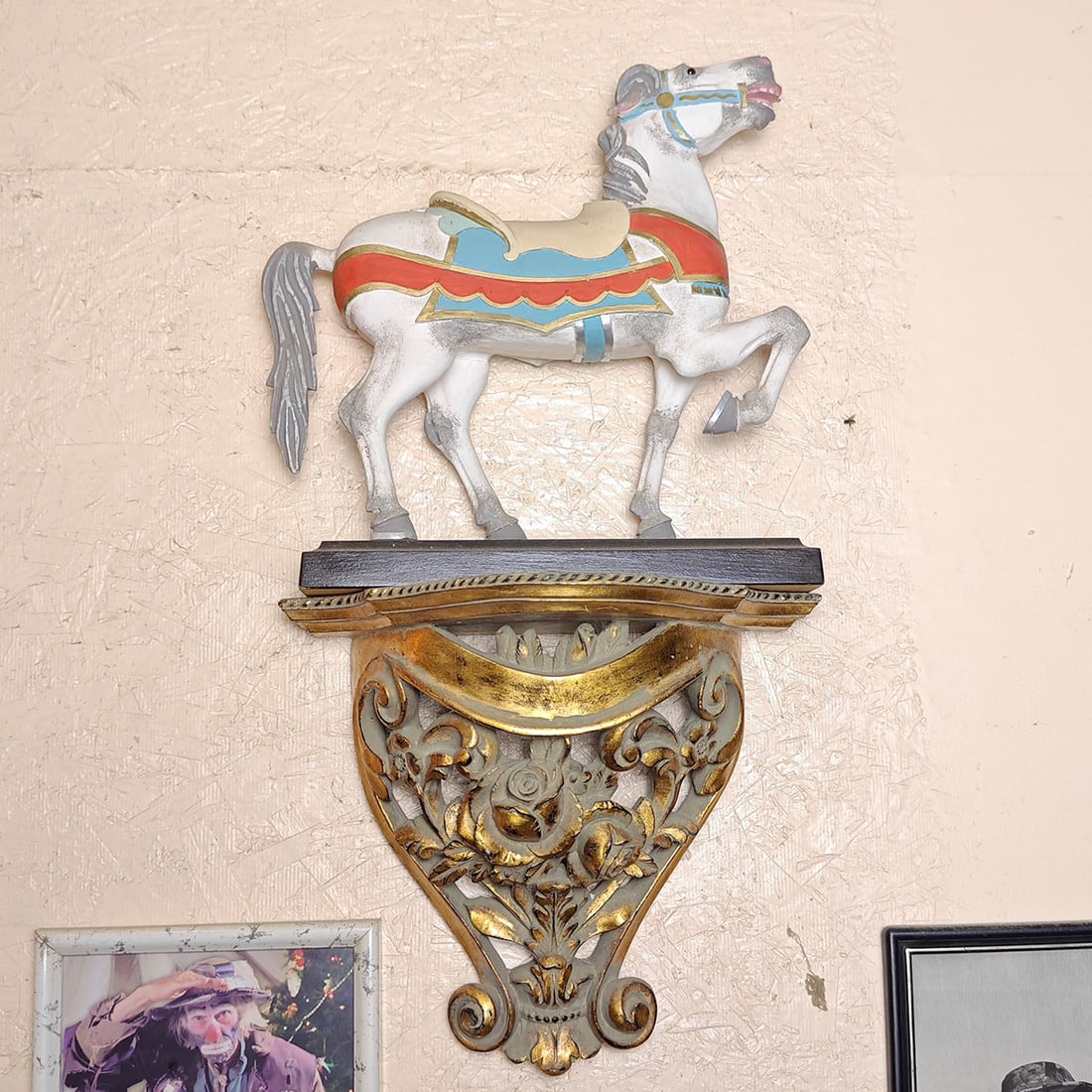 Lot of 2 1976 George W. Long Carousel Horse Miniatures and 2 Wooden Sconce Shelves (1 of 3)