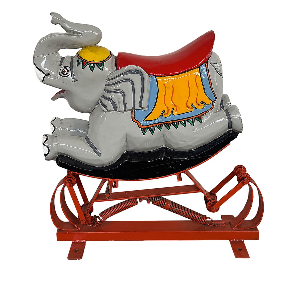 Wooden Children's Carousel Elephant with Rocking Metal Base: Wooden children's carousel elephant with spring mechanism rocking metal base. The elephant is in very good visual condition, shows some cracks in the wood and spots of paint loss. Dimensions (H x W x