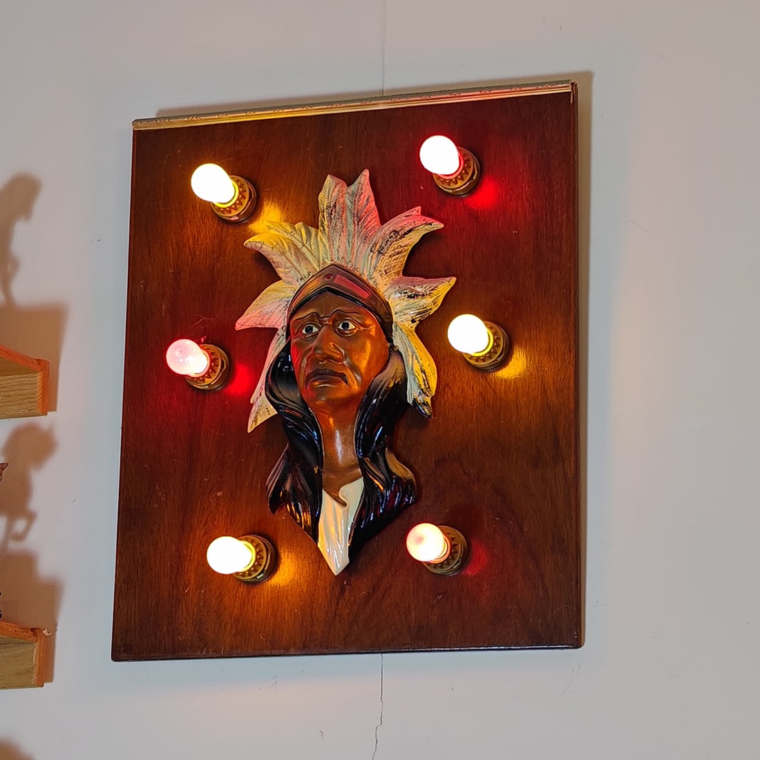 Wooden Fairground Panel with Carved Native American Bust and Lights (1 of 2)