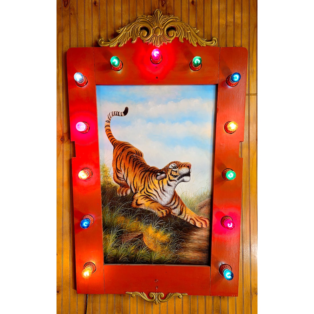 Wooden Fairground Panel with Lights and Andre Luce Tiger Painting on Hardboard (1 of 6)