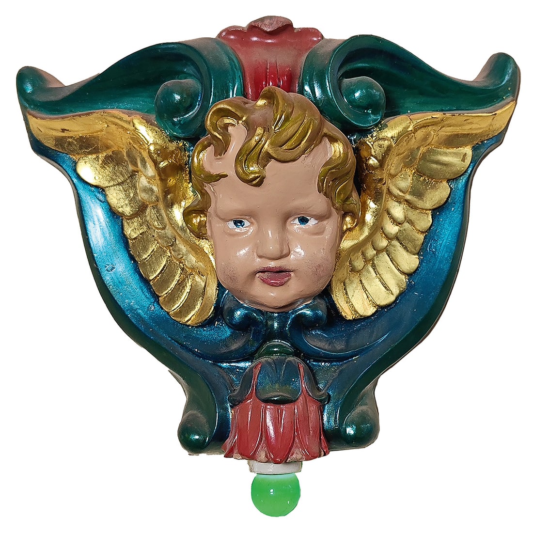Fiberglass Reproduction of Dentzel Cherub Carousel Panel with Light: Fiberglass reproduction of Dentzel cherub carousel panel with light. Has a metal wire for hanging on the back. The panel features vibrant colors and gold leaf finish on the wings. Very good visual con