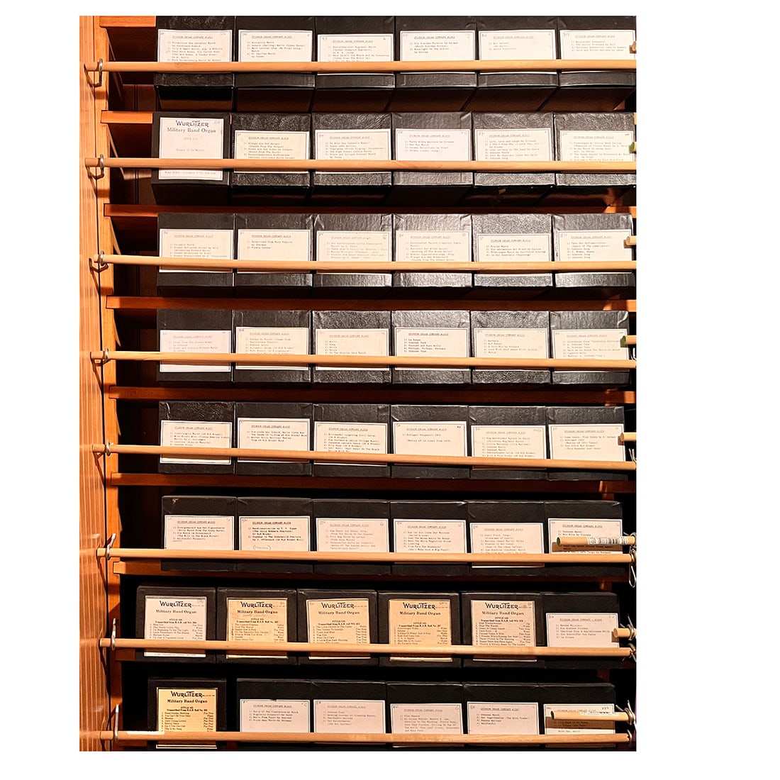 Lot of 41 Stinson Organ Company and 7 Wurlitzer Military Band Organ Style 165 Music Rolls: Lot of 41 Stinson Organ Company and 7 Wurlitzer Military Band Organ Style 165 music rolls in various conditions, some original, some reproductions. The rolls come in boxes of 11 x 12 x 26 cm in size.