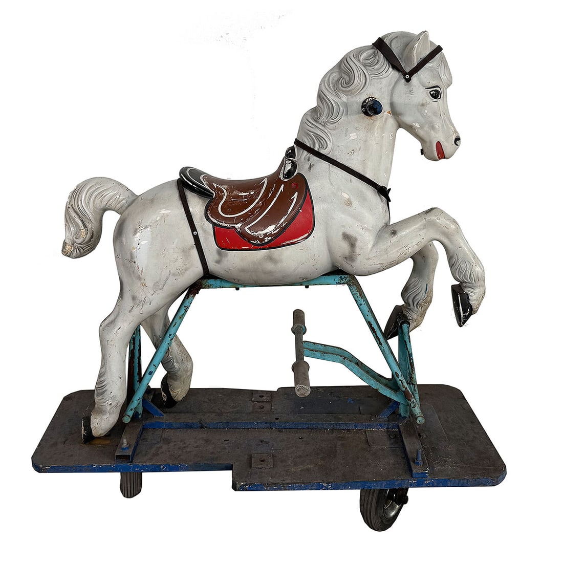 Italian Sartori Rocking Carousel Horse on a Base with Wheels: Italian Sartori rocking carousel horse on a base with wheels. The horse is in good visual condition, showing wear, scrapes, nicks and spots of paint loss. Dimensions (H x W x D): 130 x 50 x 115 cm. Co