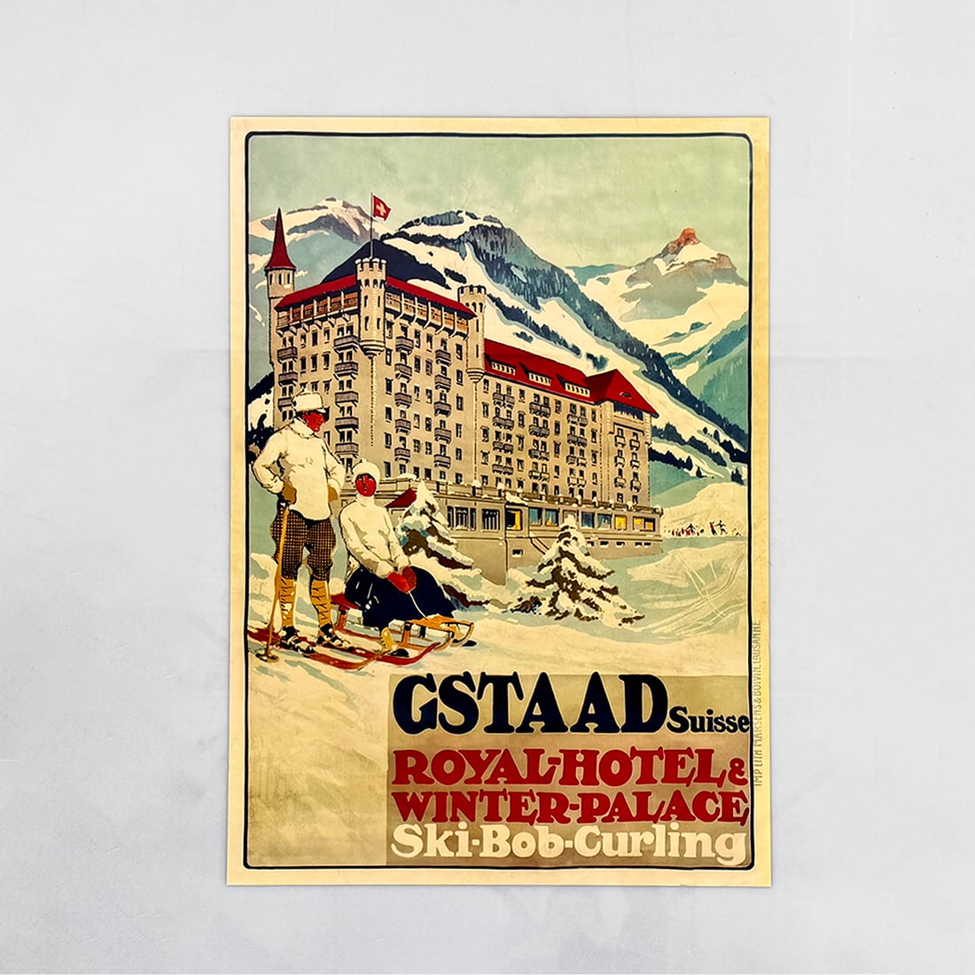 Reproduction Swiss Gstaad Royal-Hotel & Winter-Palace Poster (1913) Attributed to Carlo Pellegrini: Reproduction Swiss Gstaad Royal-Hotel & Winter-Palace, Ski-Bob-Curling poster (1913) attributed to Carlo Pellegrini (1866-1937). Very good visual condition, shows light wear. Dimensions (H x W x D): 9