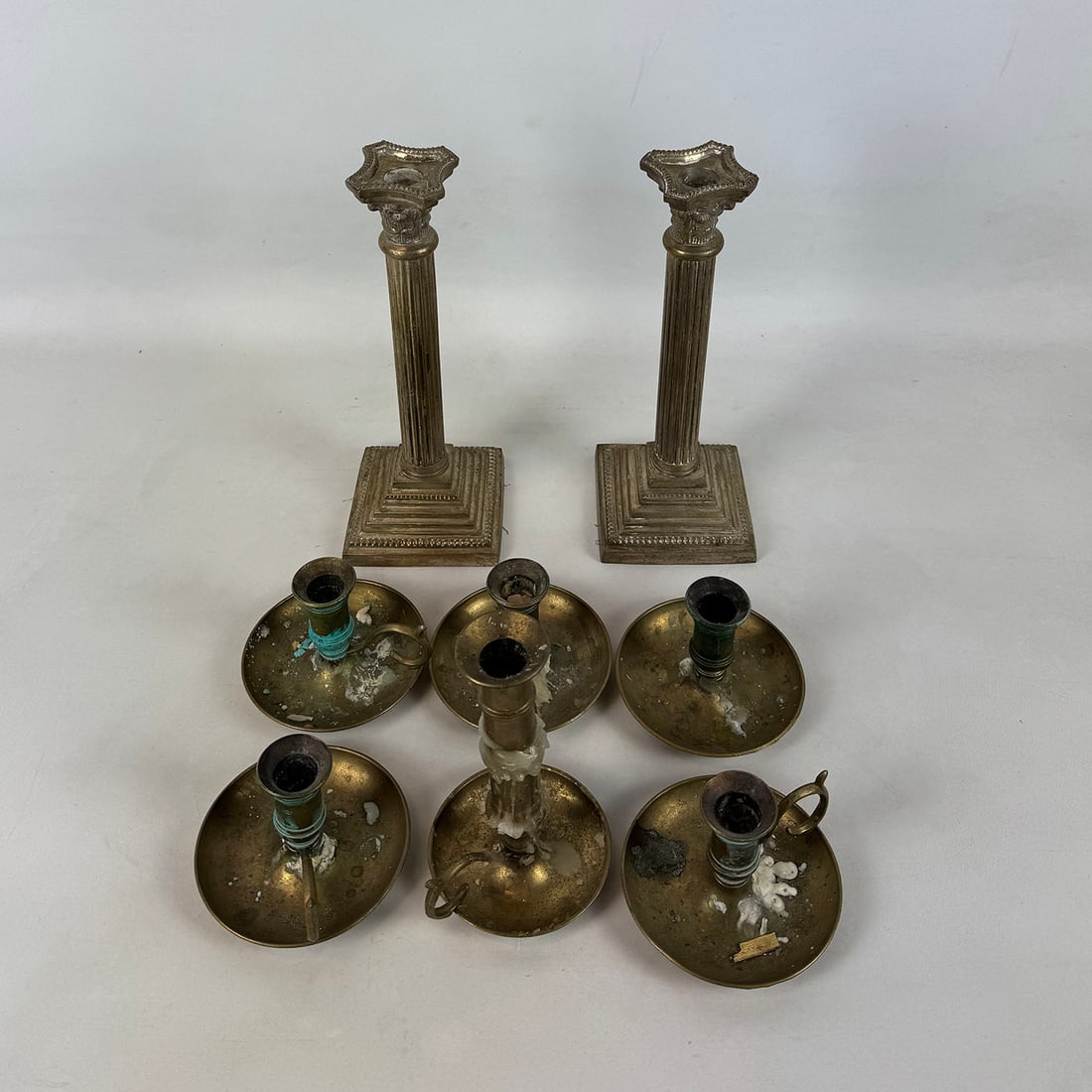 Lot of 2 Candle Sticks and 6 Brass Chambersticks (1 of 2)