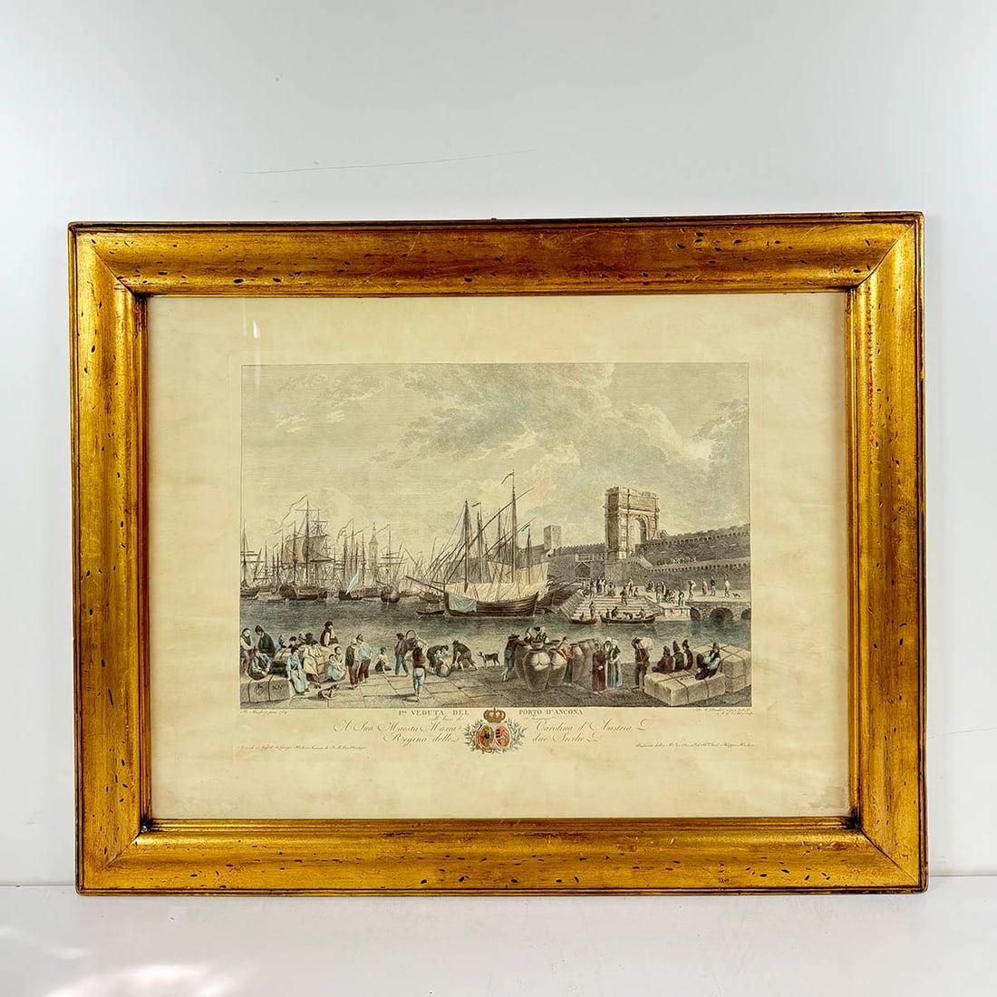 Framed Colored Etching by Balthasar Anton Dunker and Matthias Gottfried Eichler: Framed colored etching by Balthasar Anton Dunker (1746-1807) and Matthias Gottfried Eichler (1748-1821). The etching is titled "Veduta del Porto d'Ancona" (View of the Port of Ancona), originally crea