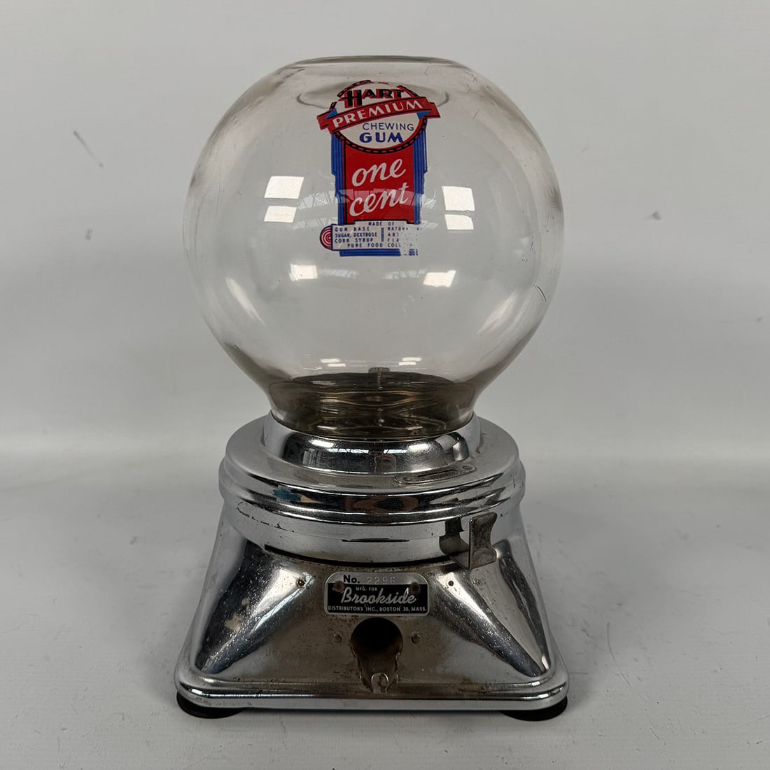 Hart Gum Co. 1 Cent Gumball Vending Machine (ca. 1950): Hart Gum Co. 1 cent gumball vending machine (ca. 1950). This machine is a copy of the ca. 1950 Ford chrome finish gumball vending machine and The Hart Gum Company was sued by the Ford Gum and Machine