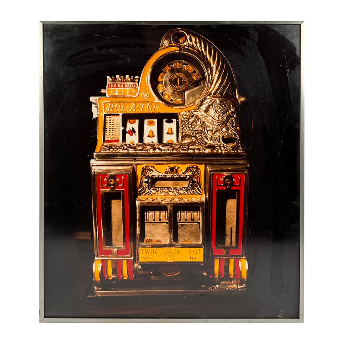 Framed Watling Rol-A-Top Slot Machine Photo Print by Olivier D.: Framed Watling Rol-A-Top slot machine photo print by Olivier D. Good visual condition, showing wear. Dimensions (H x W x D): 61 x 51 x 3 cm. Condition: Good. Location: The Netherlands, Tilburg.