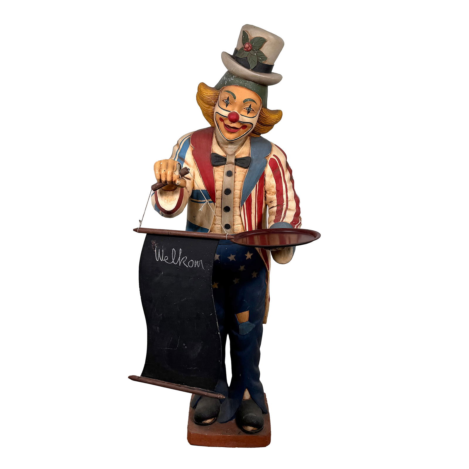 Fiberglass Clown Greeter Statue with Welcome Sign and Tray: Fiberglass clown greeter statue with welcome sign and tray. The tray can be removed, it's attached with double sided tape. Good visual condition, showing wear and some damage to the top coat of the ri