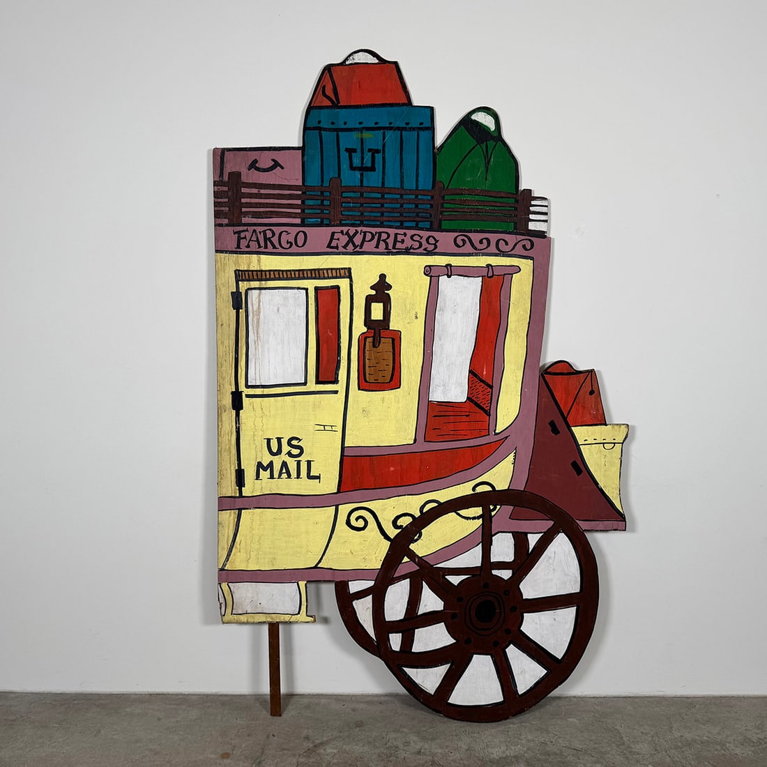 Hand-painted Wooden Decoration Panel Wild West Stagecoach - "FARGO EXPRESS" & "US MAIL": This hand-painted wooden decoration panel depicts a classic Wild West stagecoach labeled "FARGO EXPRESS" and "US MAIL". The vibrant design includes detailed illustrations of luggage on top, a large sp
