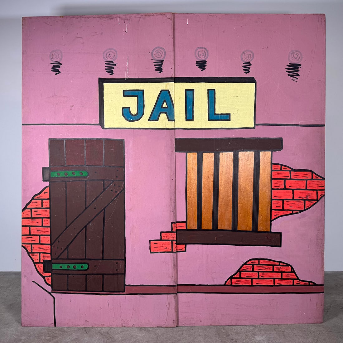 Hand-painted Wooden Wild West-themed Jail House Decoration Panel Set: This Wild West-themed Jail House decoration panel set consists of two hand-painted wooden panels designed to look like a classic frontier prison. The front features detailed illustrations of a weather