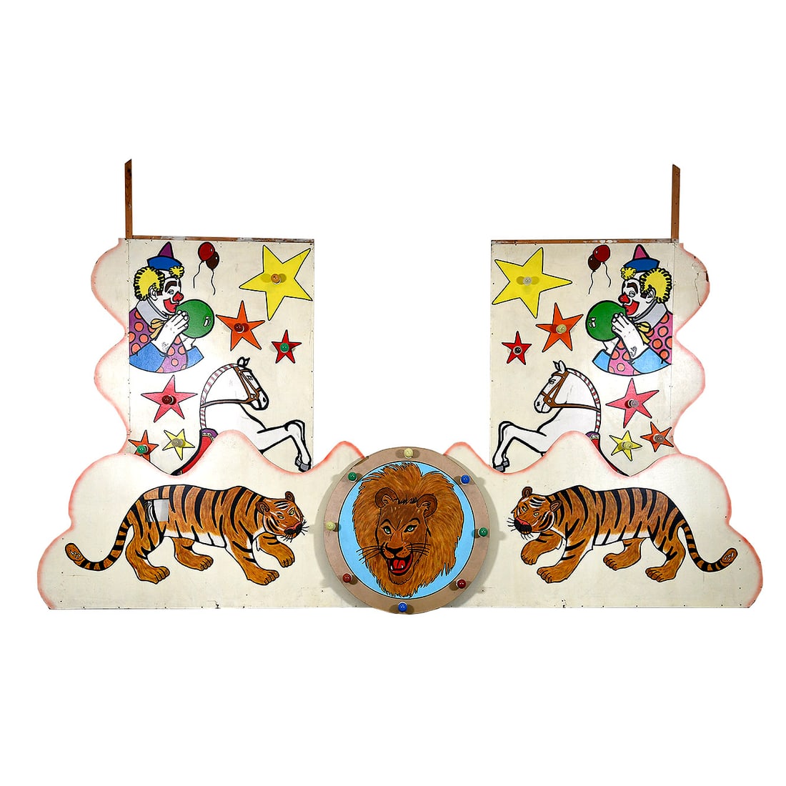 Circus-themed Arch Decoration Set: This circus-themed arch decoration set includes a circular centerpiece featuring a lion's face with eight integrated lamp sockets around its perimeter, two matching tiger signs oriented for left and r