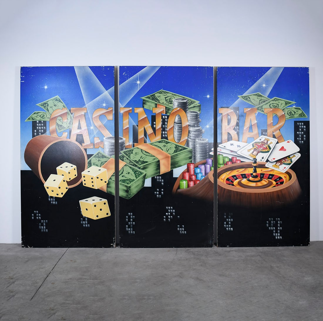 Set of 3 Airbrushed Wooden Casino-themed Backdrop Panels - "CASINO" and "BAR": This set of three airbrushed wooden panels creates a Casino-themed backdrop, featuring "CASINO" and "BAR" lettering, and displaying illustrations of bills, playing cards, dice, and a roulette wheel. E