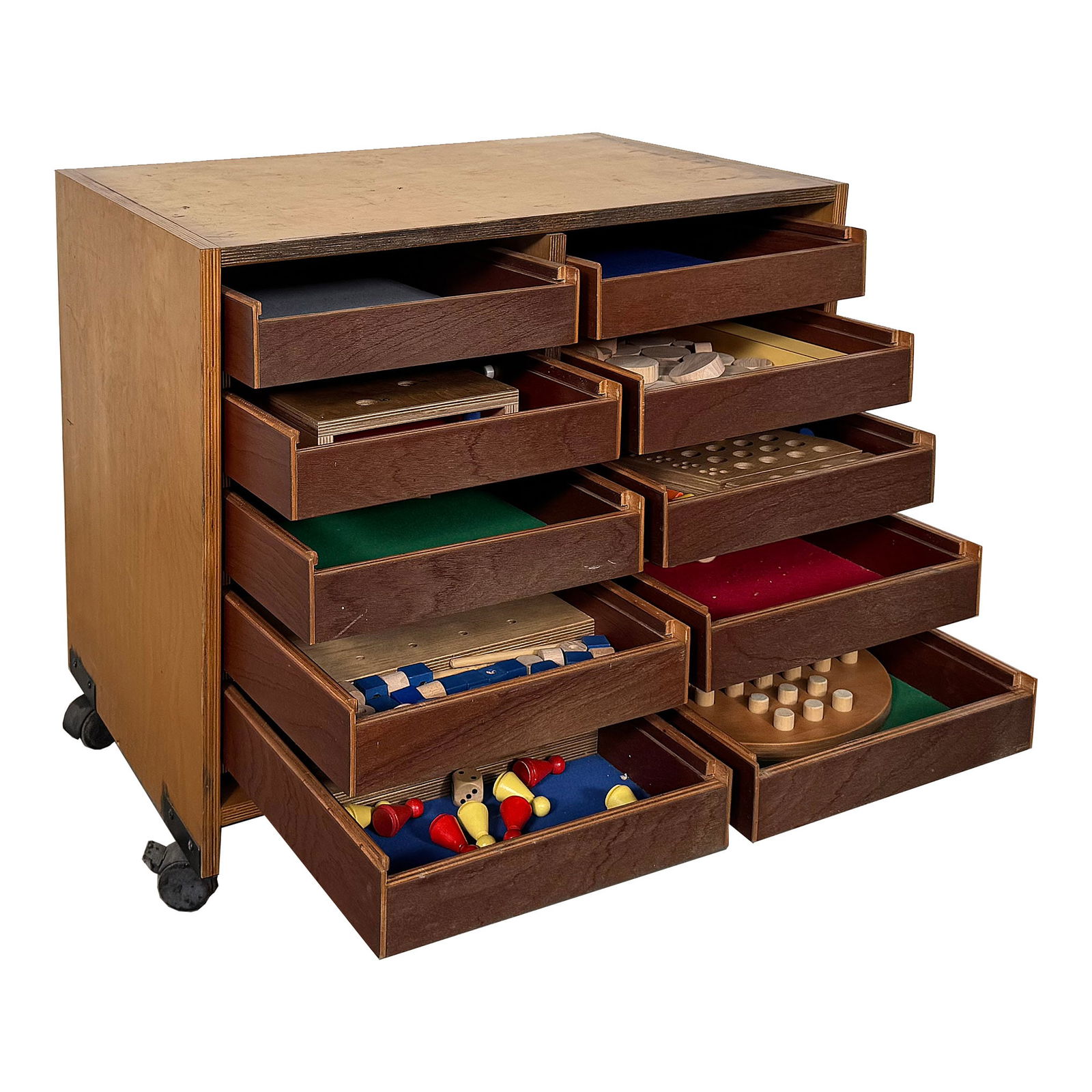 Vintage Wooden Cabinet on Wheels with 8 Various Dutch Tabletop Games: Vintage wooden cabinet on wheels with 10 drawers featuring 8 various wooden Dutch tabletop games and 2 empty drawers. Overall good visual condition with the cabinet showing some wear. Dimensions (H x