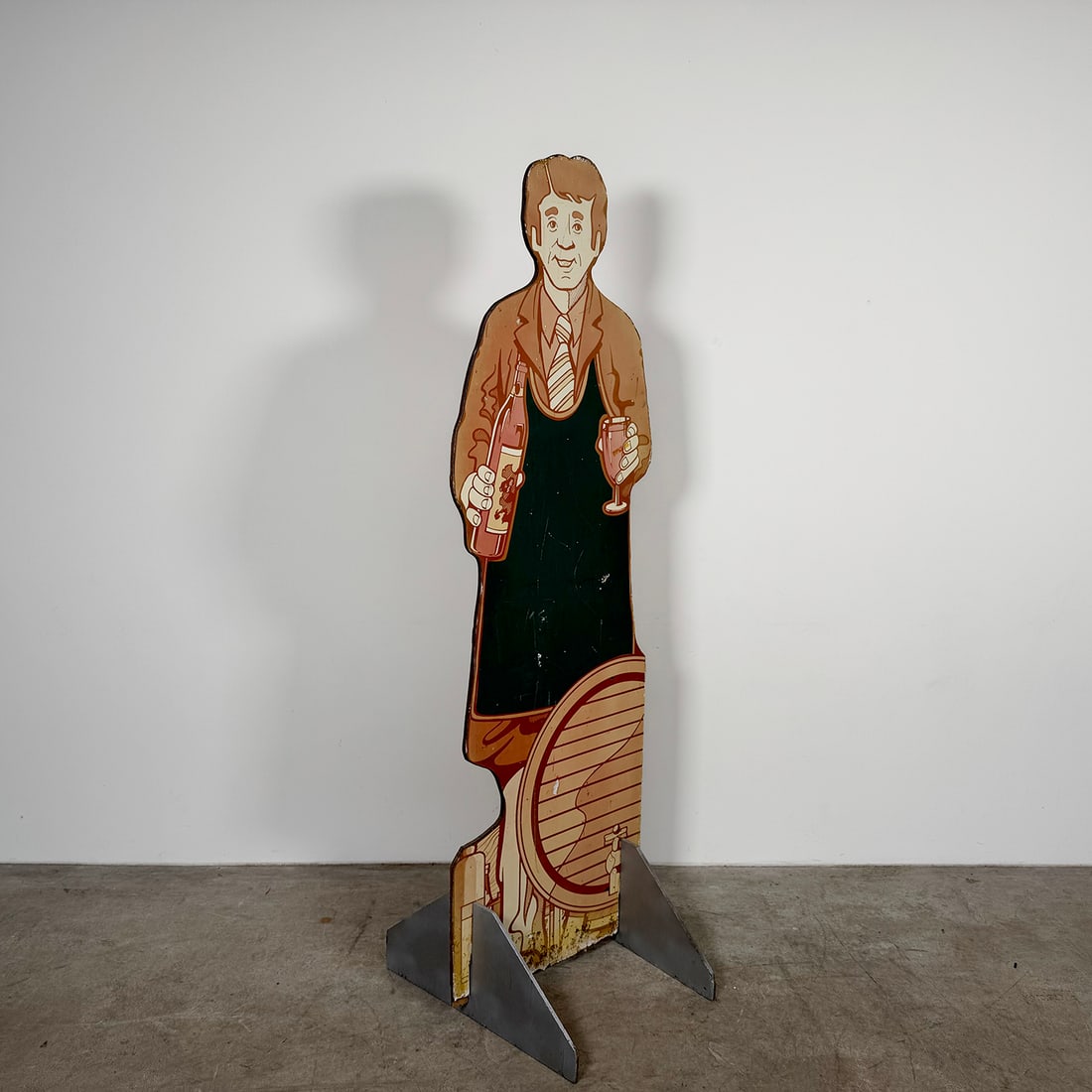 Vintage Wooden Double-sided Wine Server Sign with Blackboard Apron: Vintage wooden double-sided wine server sign with blackboard apron that covers the front of the figure, providing a reusable surface for handwritten menus, wine specials, or "daily catch" announcement