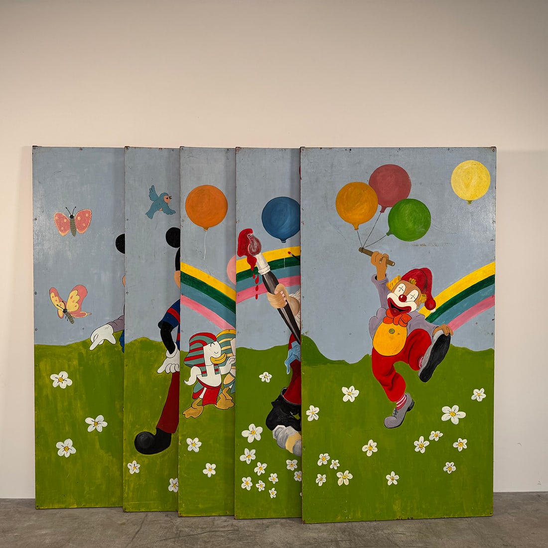 Set of 5 Large Hand-painted Wooden Panels Featuring Famous Disney Characters: This set of five wooden panels features large, hand-painted illustrations of famous Disney characters Mickey Mouse, Minnie Mouse, Pluto, Donald Duck as well as a clown and a dwarf character. Each pane