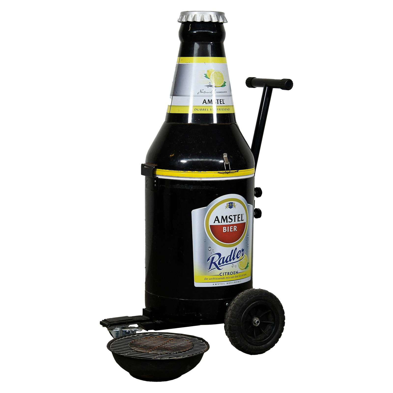 Dutch Amstel Beer Bottle Cart Grill and Bottle Cooler: Dutch Amstel Radler bottle design charcoal grill and bottle cooler mounted on a sturdy wheeled chassis with a convenient pull handle. The grill and cooler can both be covered with yellow lids for use